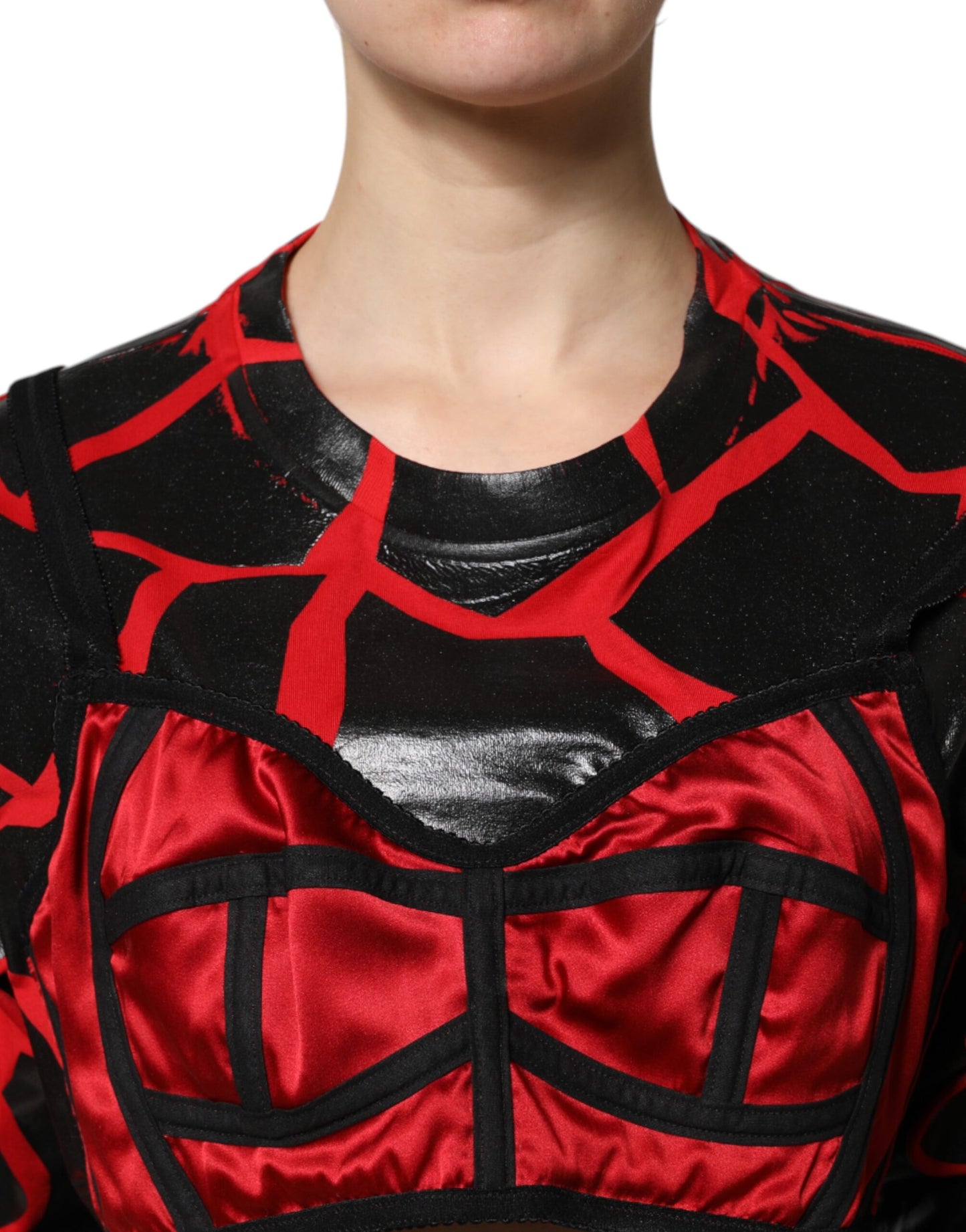Red Black Cotton Bustier Detailing Cropped Top