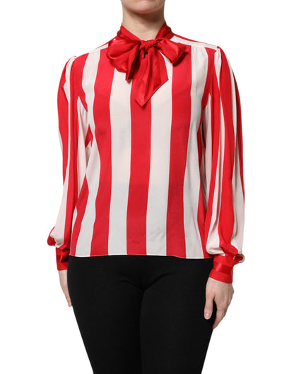 Red White Stripes Ascot Collar Blouse Top