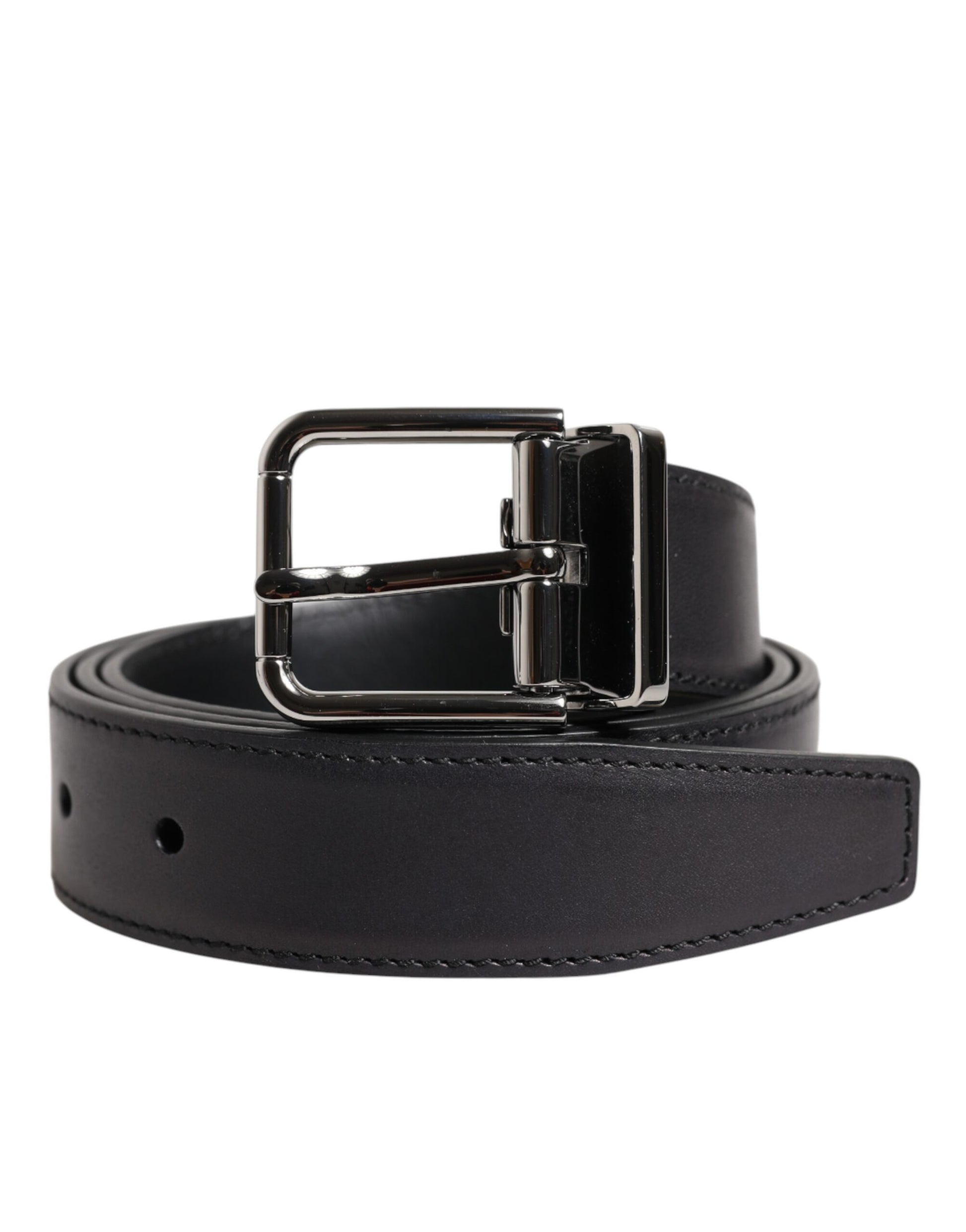 Black Classic Calf Leather Silver Buckle Belt