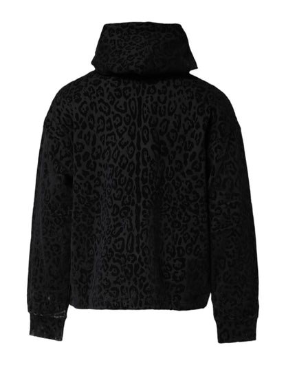 Black Leopard Full Zip Hooded Sweatshirt Sweater