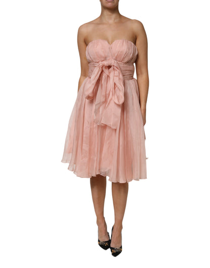 Pink Silk Chiffon A-line Pleated Midi Dress