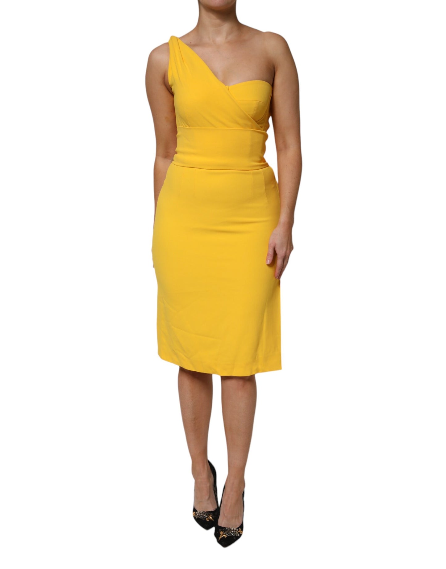 Yellow One Shoulder Side Slit Midi Dress