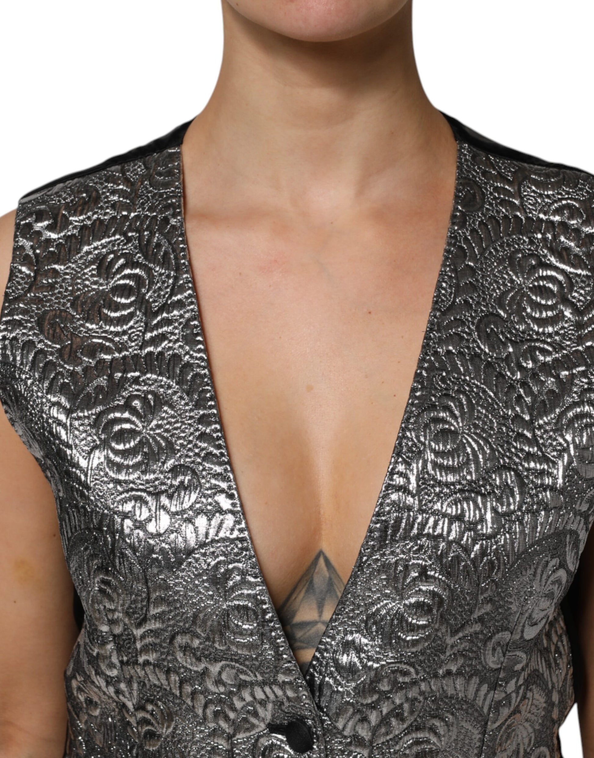 Silver Floral Jacquard Sleeveless Vest Top