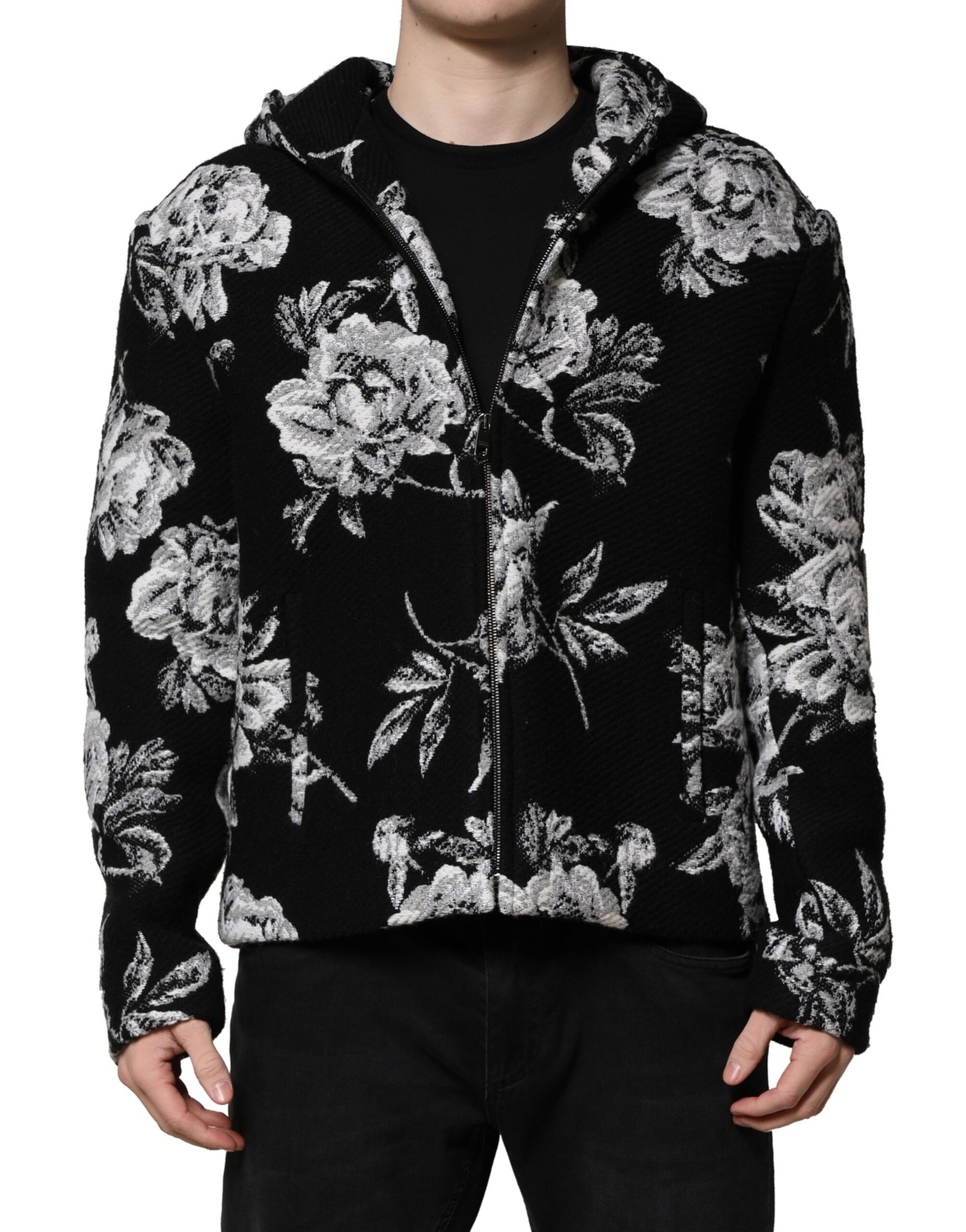 Black Wool Floral Printed Men Hooded Jacket
