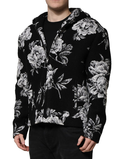 Black Wool Floral Printed Men Hooded Jacket