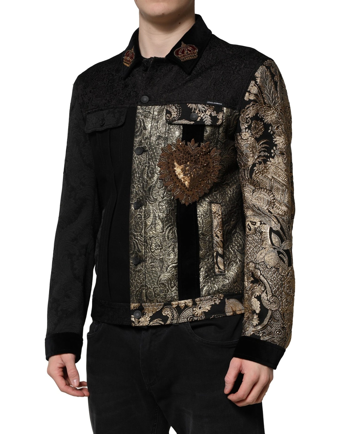 Black Gold Floral Jacquard Men Biker Jacket