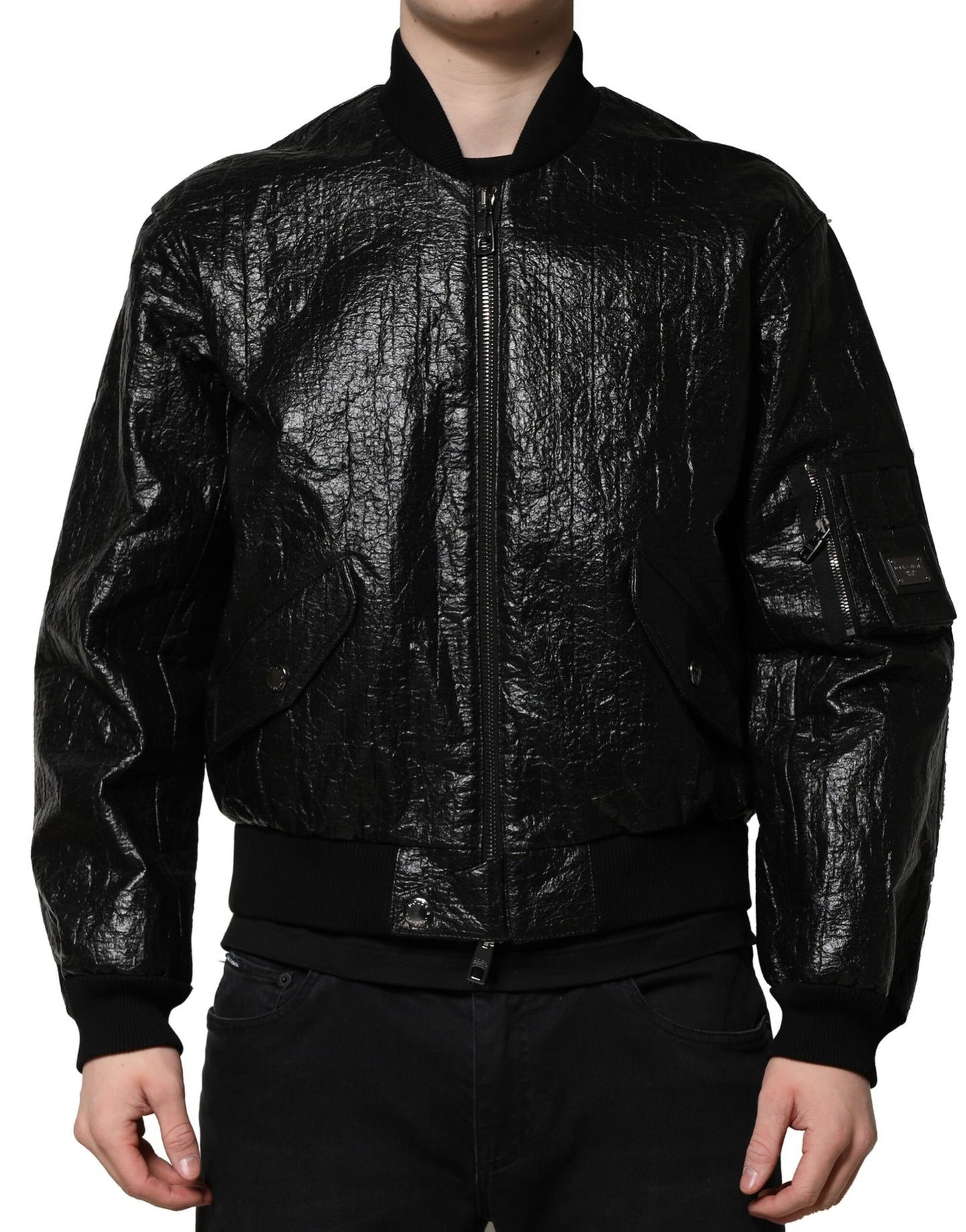 Black Logo Plaque Bomber Full Zipper Jacket