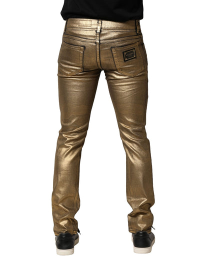 Gold Tattered Cotton Stretch Slim Denim Jeans