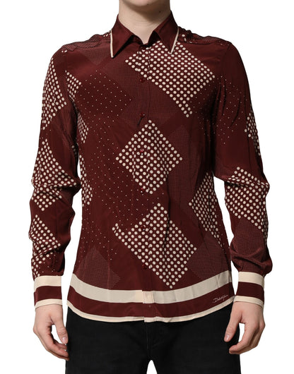 Maroon Dotted Silk Long Sleeve Casual Shirt