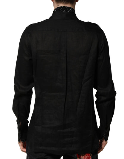 Black Polka Dot Linen Silk Men Casual Shirt