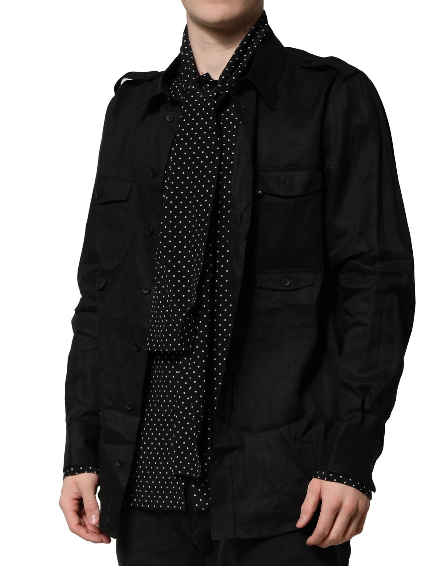 Black Polka Dot Linen Silk Men Casual Shirt