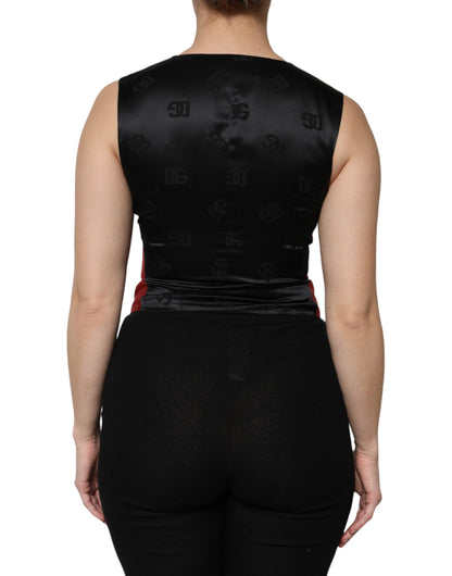 Red Black Button Down Sleeveless Vest Top