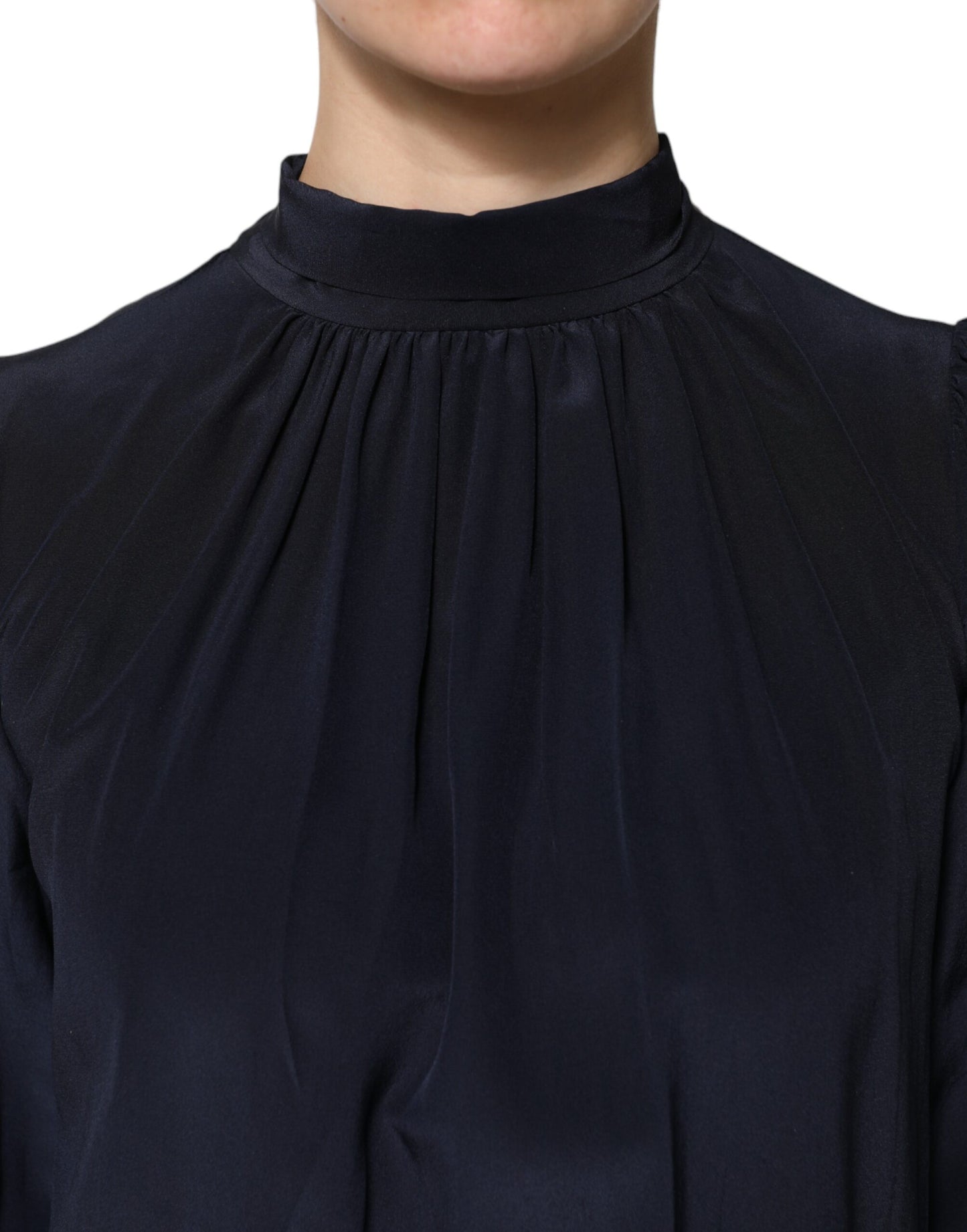 Blue Silk Mock Neck Long Sleeves Blouse Top