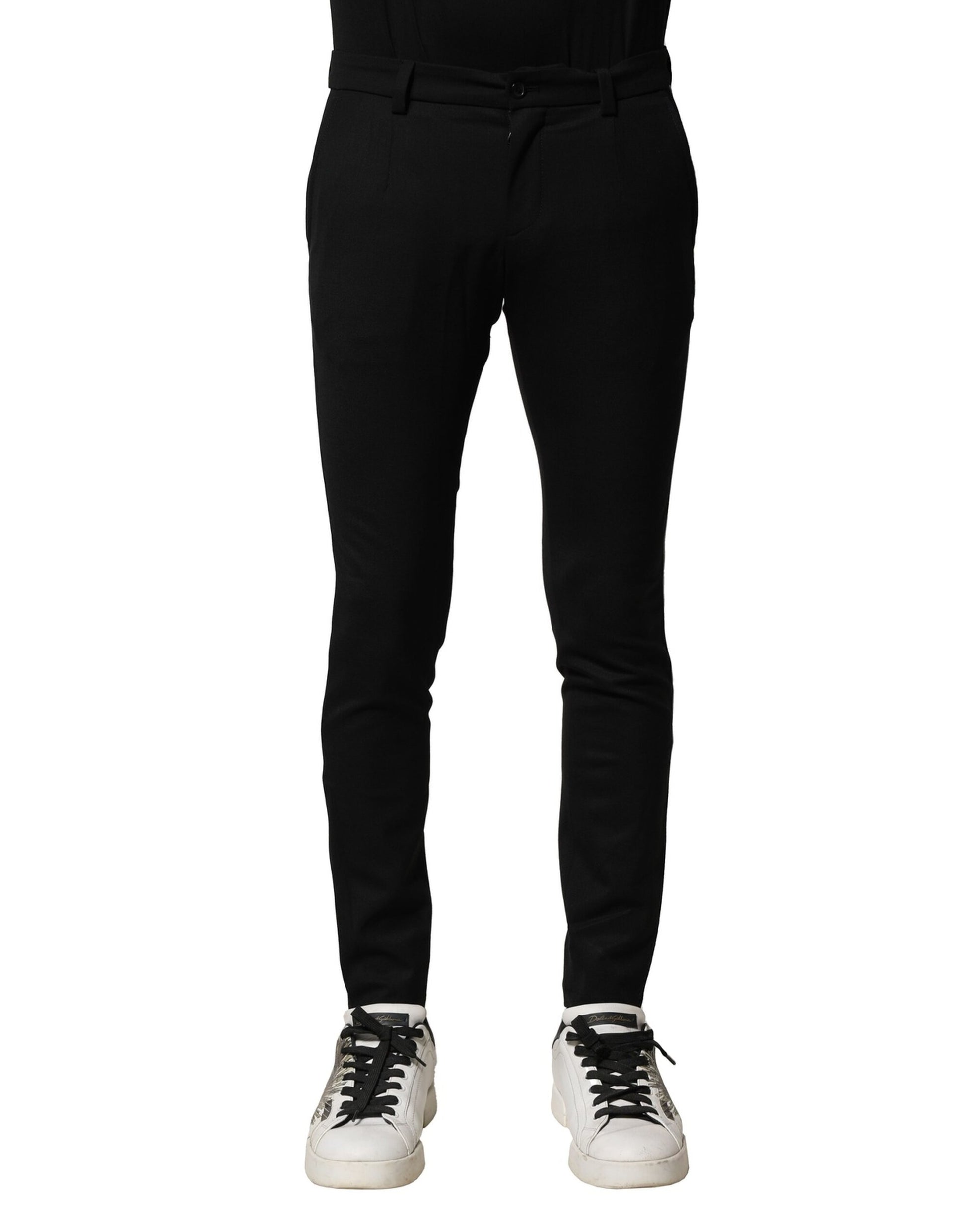 Black Wool Men Skinny Mid Waist Pants