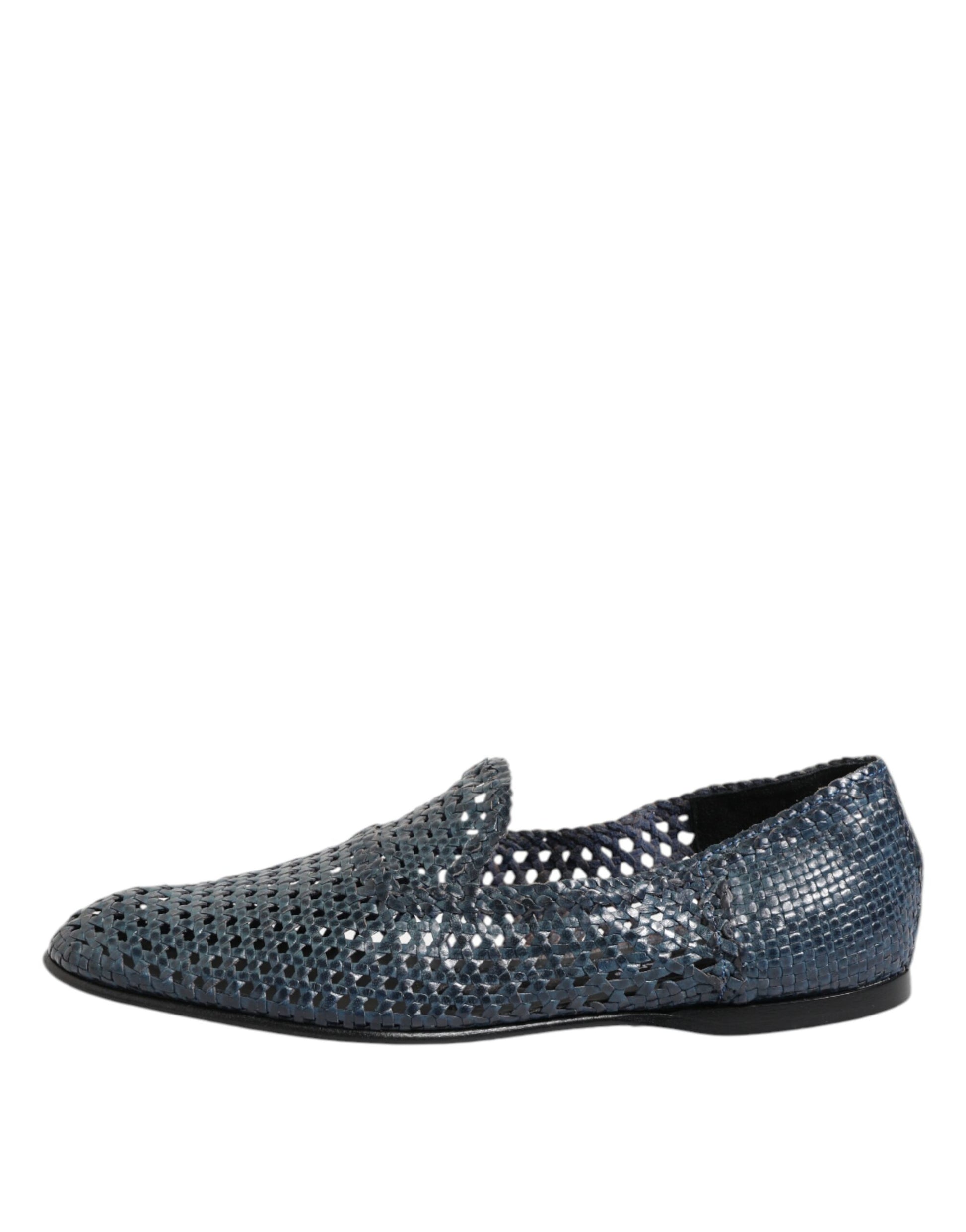 Blue Woven Leather Slip On Loafers Shoes