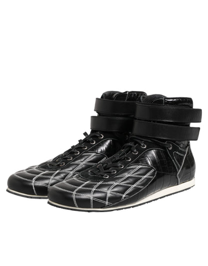 Black Quilted Leather Lace Up Sneakers Shoes