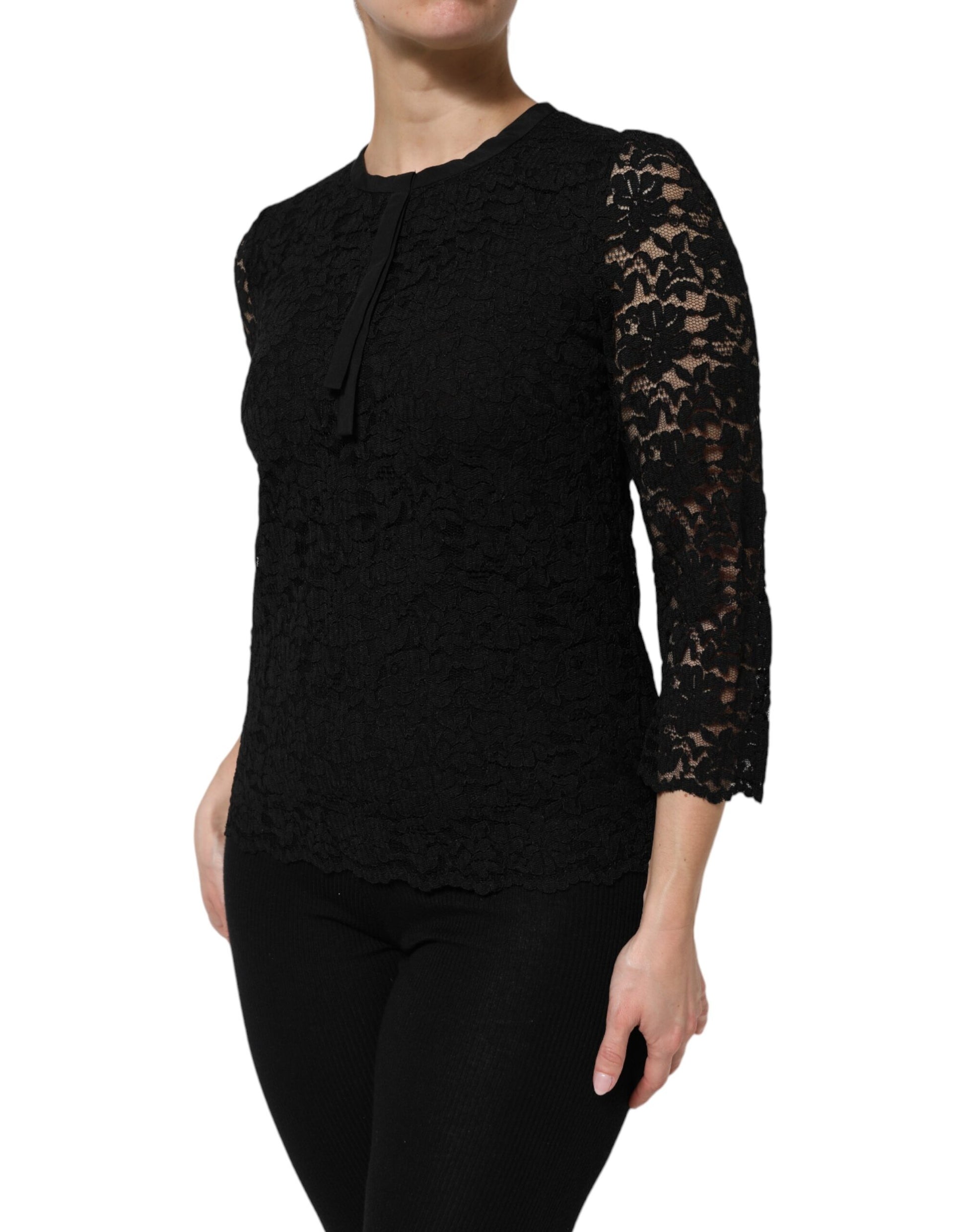 Black Nylon Lace Long Sleeve Blouse Top