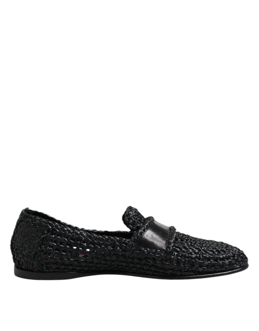 Black Woven Leather Slip On Loafers Men Shoes