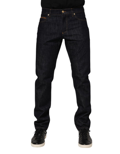 Dark Blue Cotton Logo Plaque Men Denim Jeans