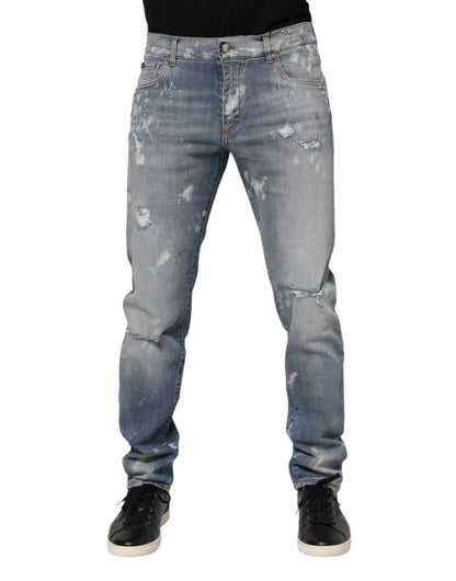 Blue Cotton Tattered Slim Fit Men Denim Jeans