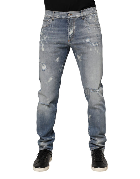 Blue Cotton Tattered Slim Fit Men Denim Jeans