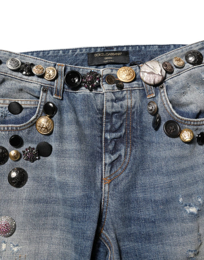 Blue Embellished Tattered SkinnyDenim Jeans
