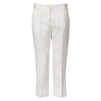White Cotton Floral Jacquard Pants