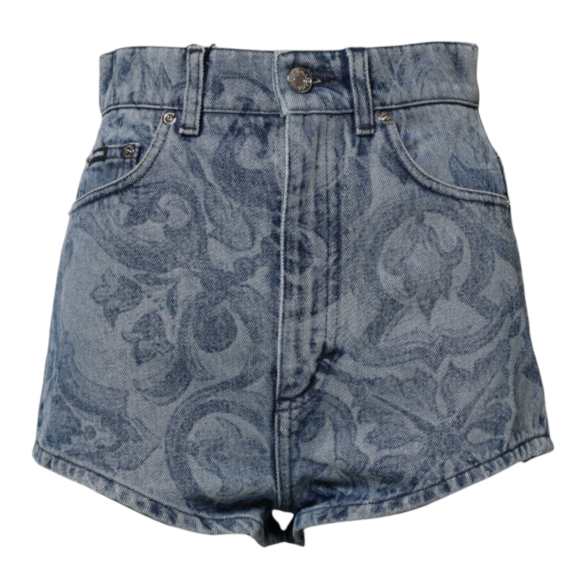 Blue Floral Print Denim Cotton Hot Pants Shorts