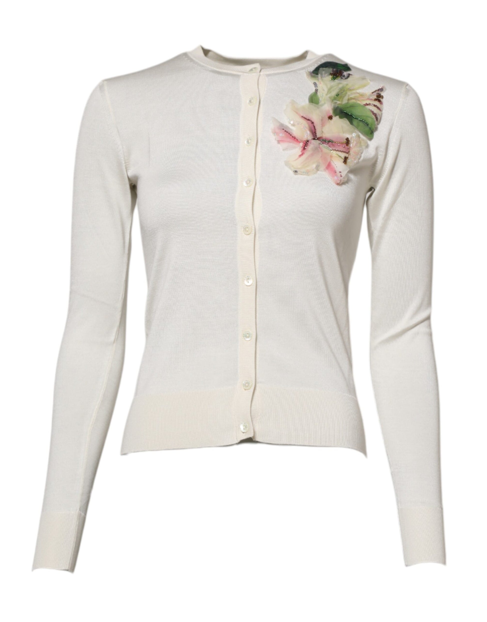White Silk Lily Embellished Cardigan Sweater
