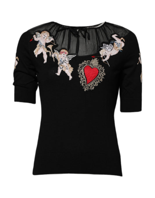 Black Sacred Heart Embroidered Crewneck Top