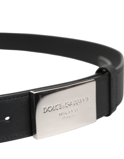 Black Leather Silver Metal Logo Buckle Belt