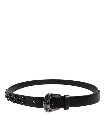 Black Studded Leather Metal Logo Buckle Belt