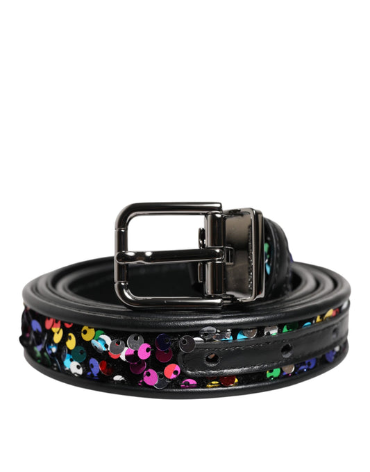 Black Sequin Embellished Metal Buckle Belt