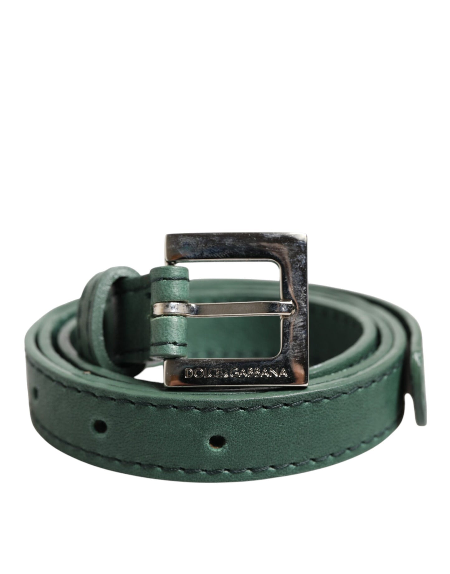 Dark Green Leather Silver Metal Buckle Belt