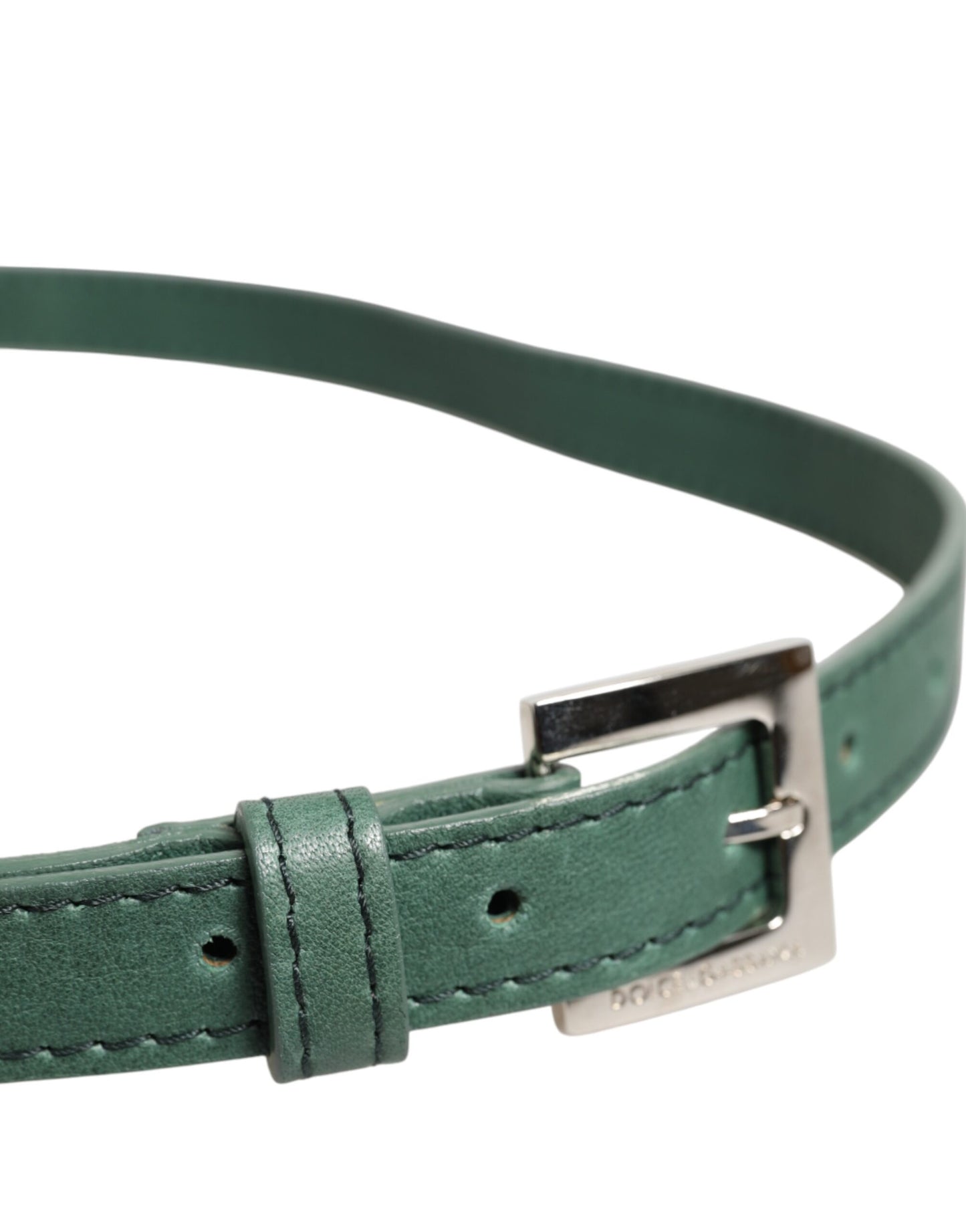 Dark Green Leather Silver Metal Buckle Belt