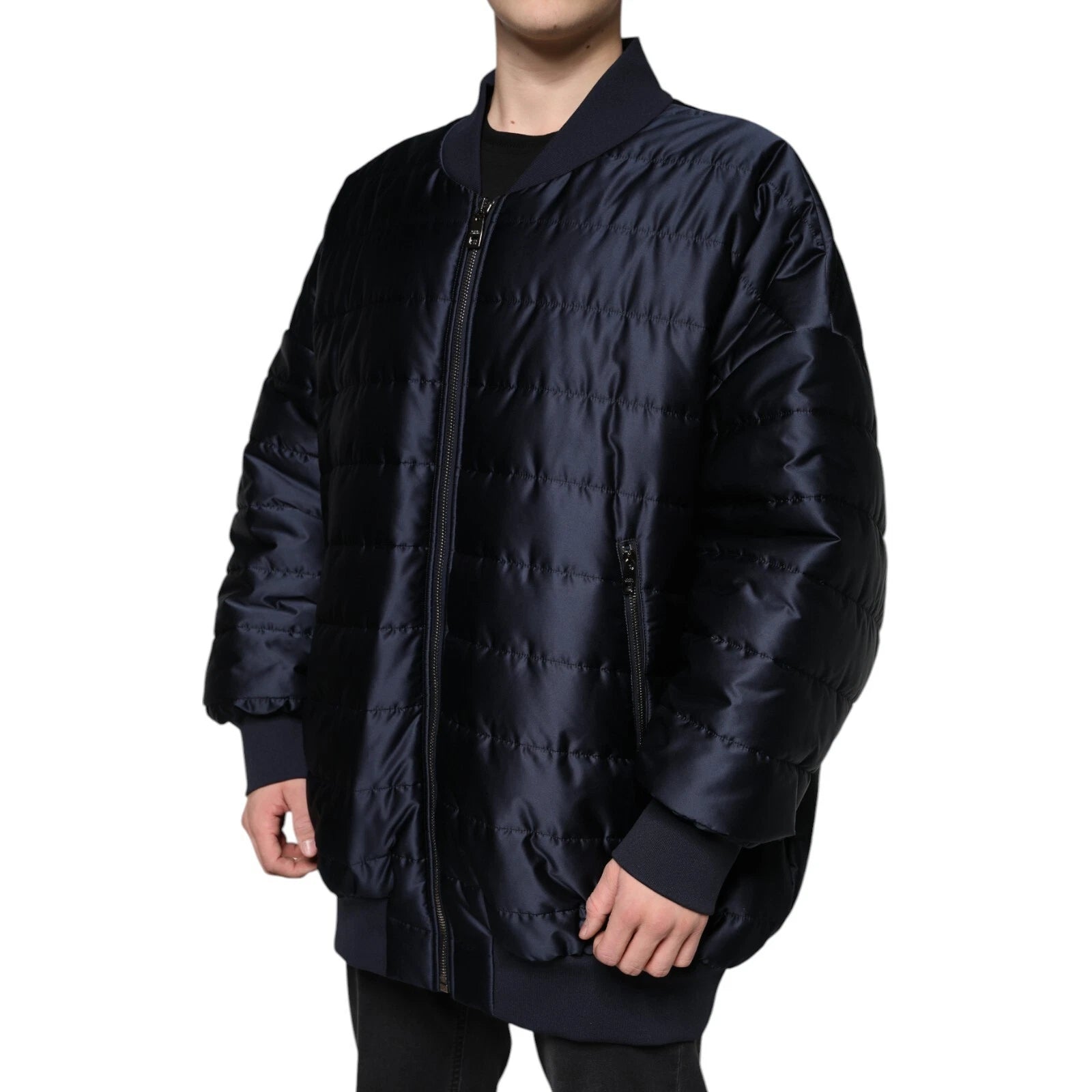 Dark Blue Quilted Full Zip Bomber Jacket