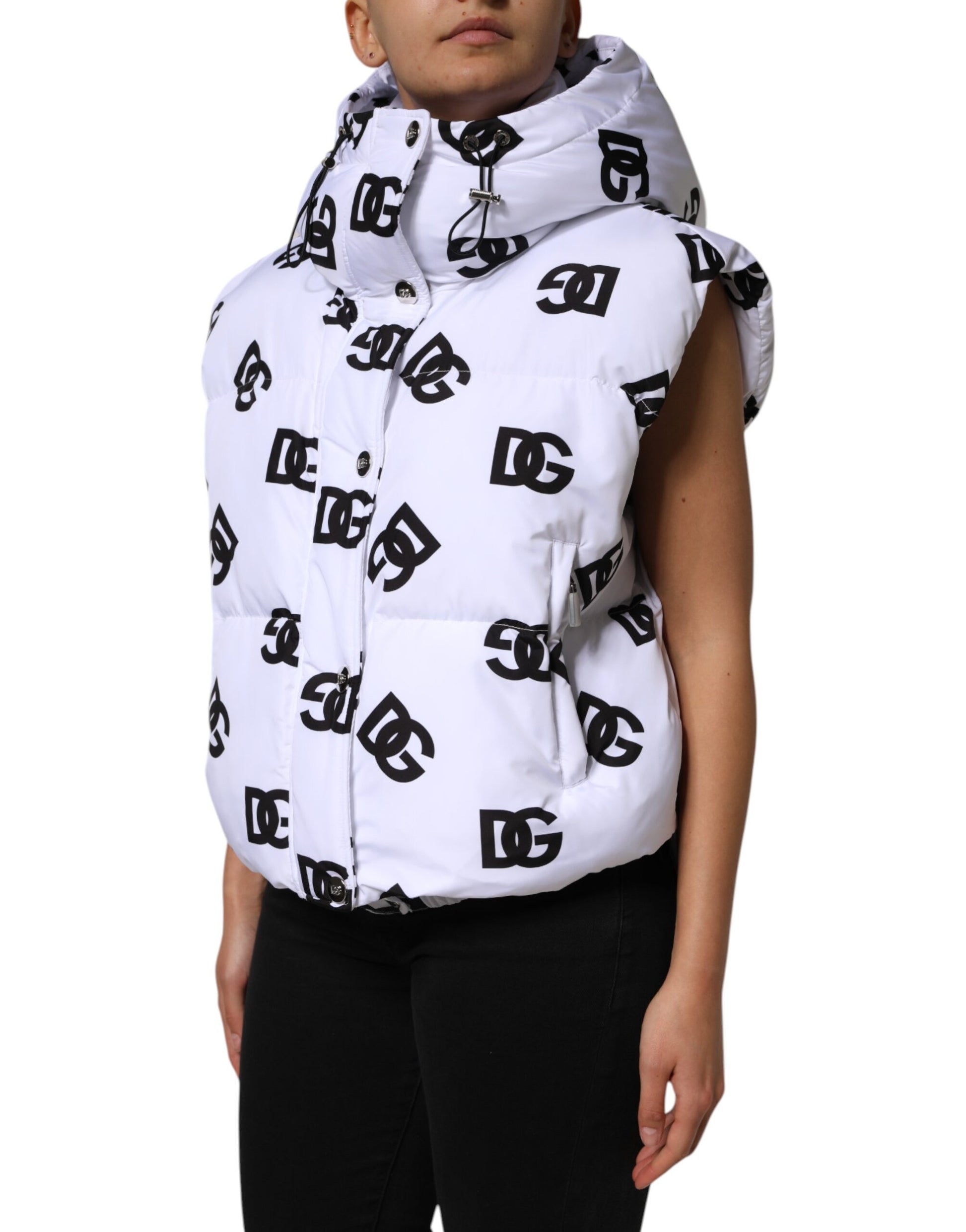 White Black DG Mania Polyester Puffer Jacket