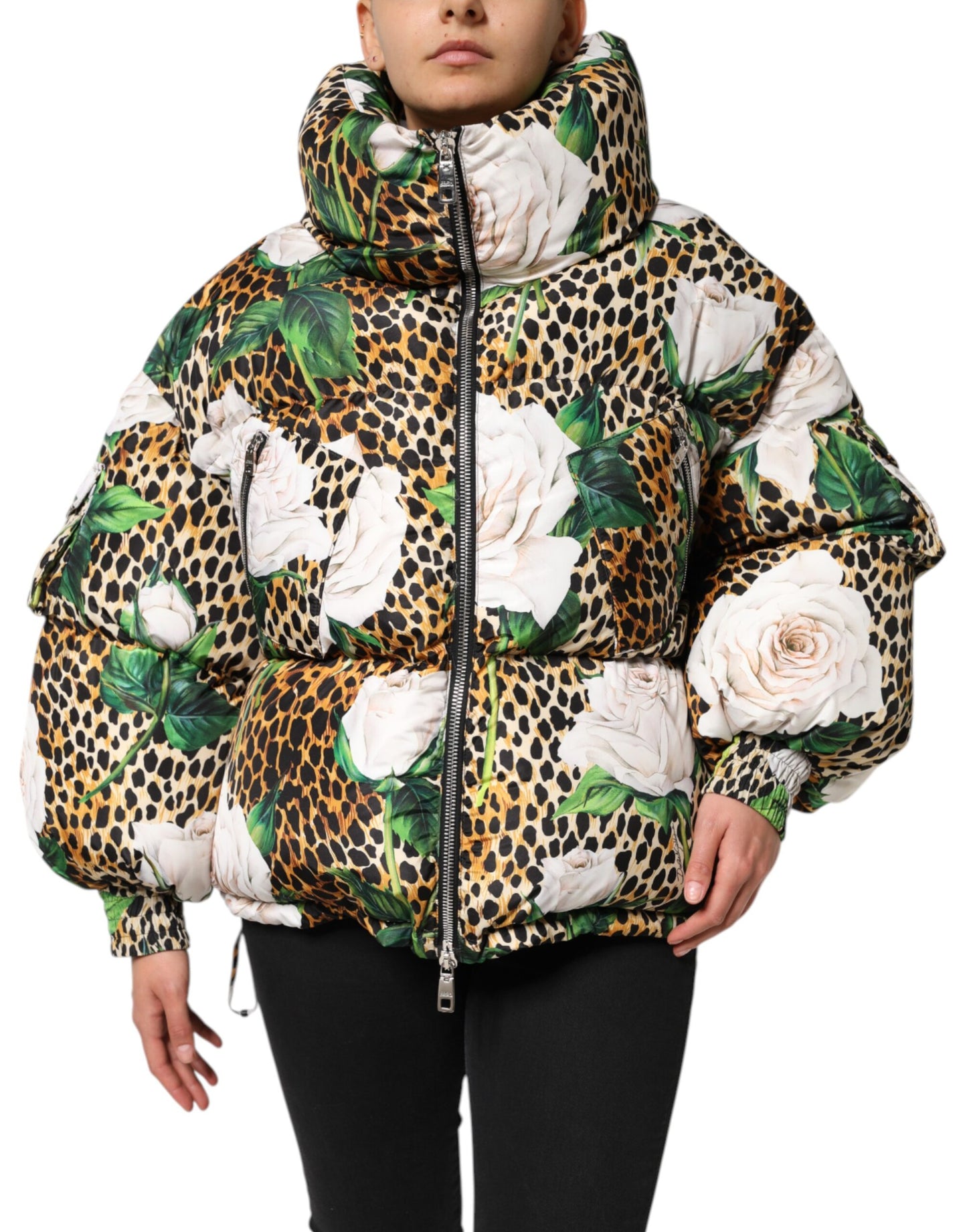 Multicolor Leopard Rose Puffer Quilted Jacket