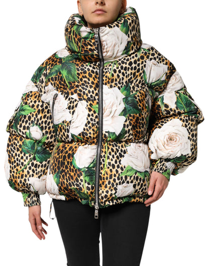 Multicolor Leopard Rose Puffer Quilted Jacket