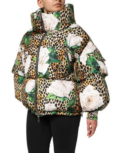 Multicolor Leopard Rose Puffer Quilted Jacket