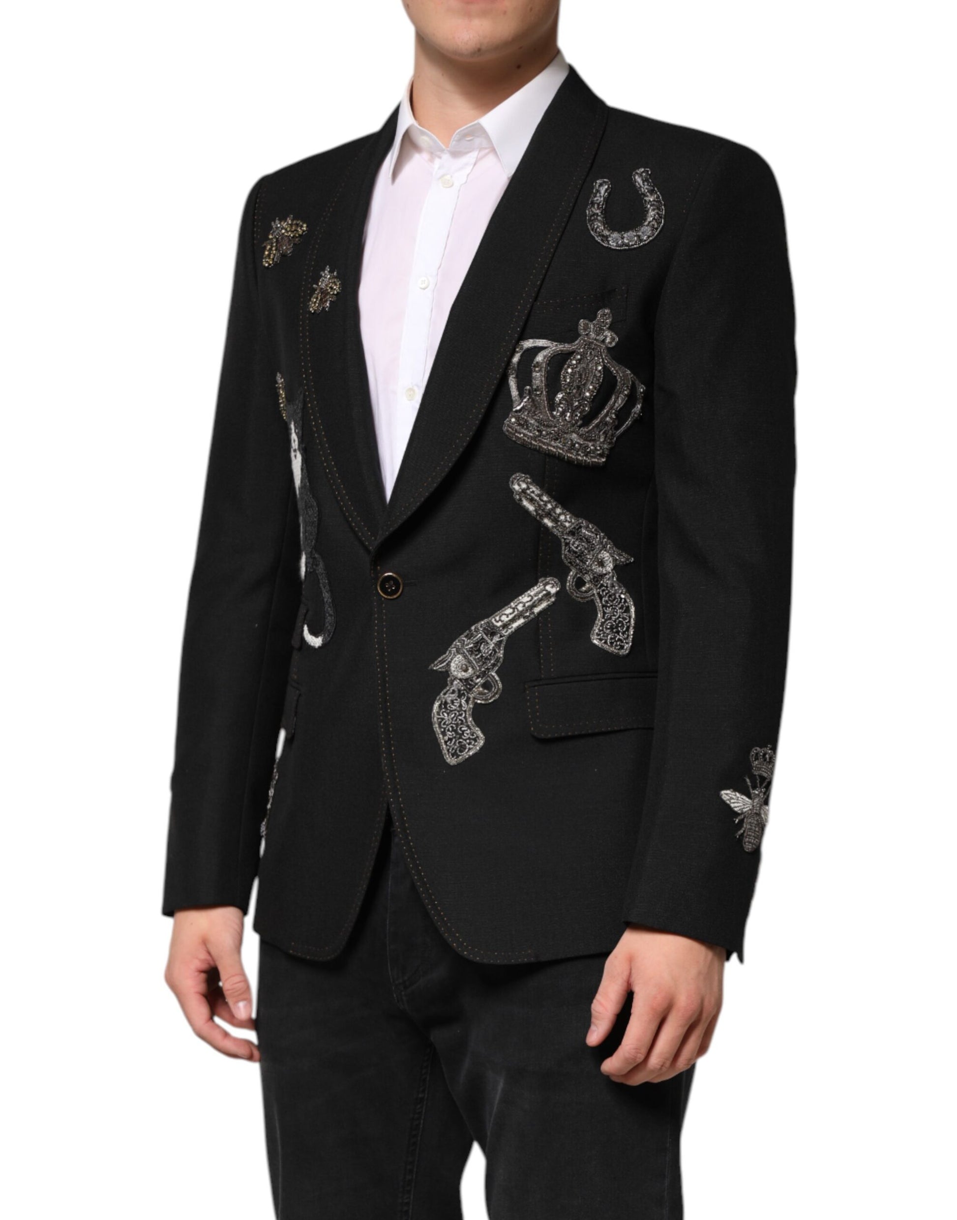 Black Bee Crown Embellished Suit Coat Blazer
