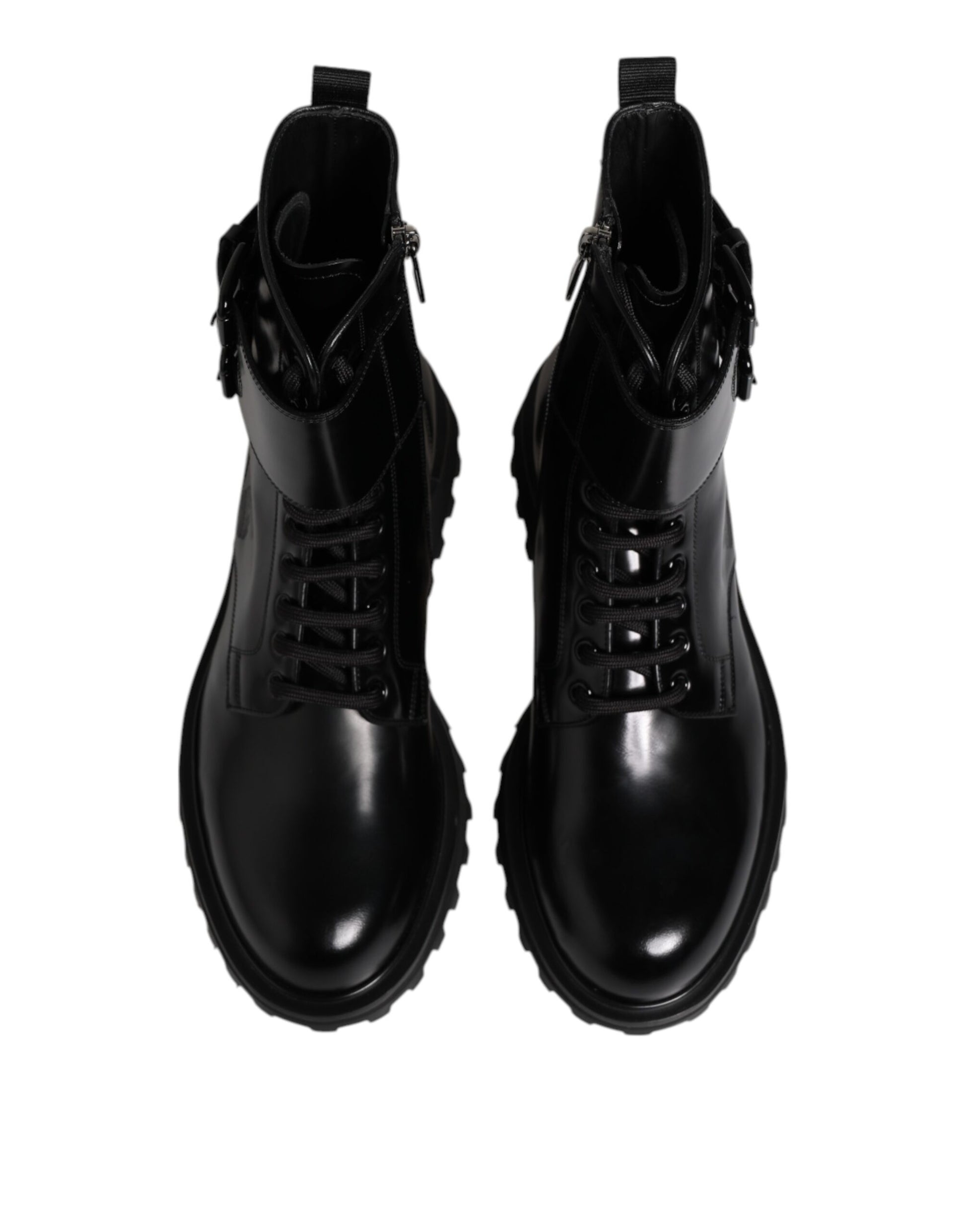 Black Leather Lace Up Mid Calf Boots Shoes