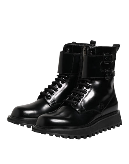 Black Leather Lace Up Mid Calf Boots Shoes