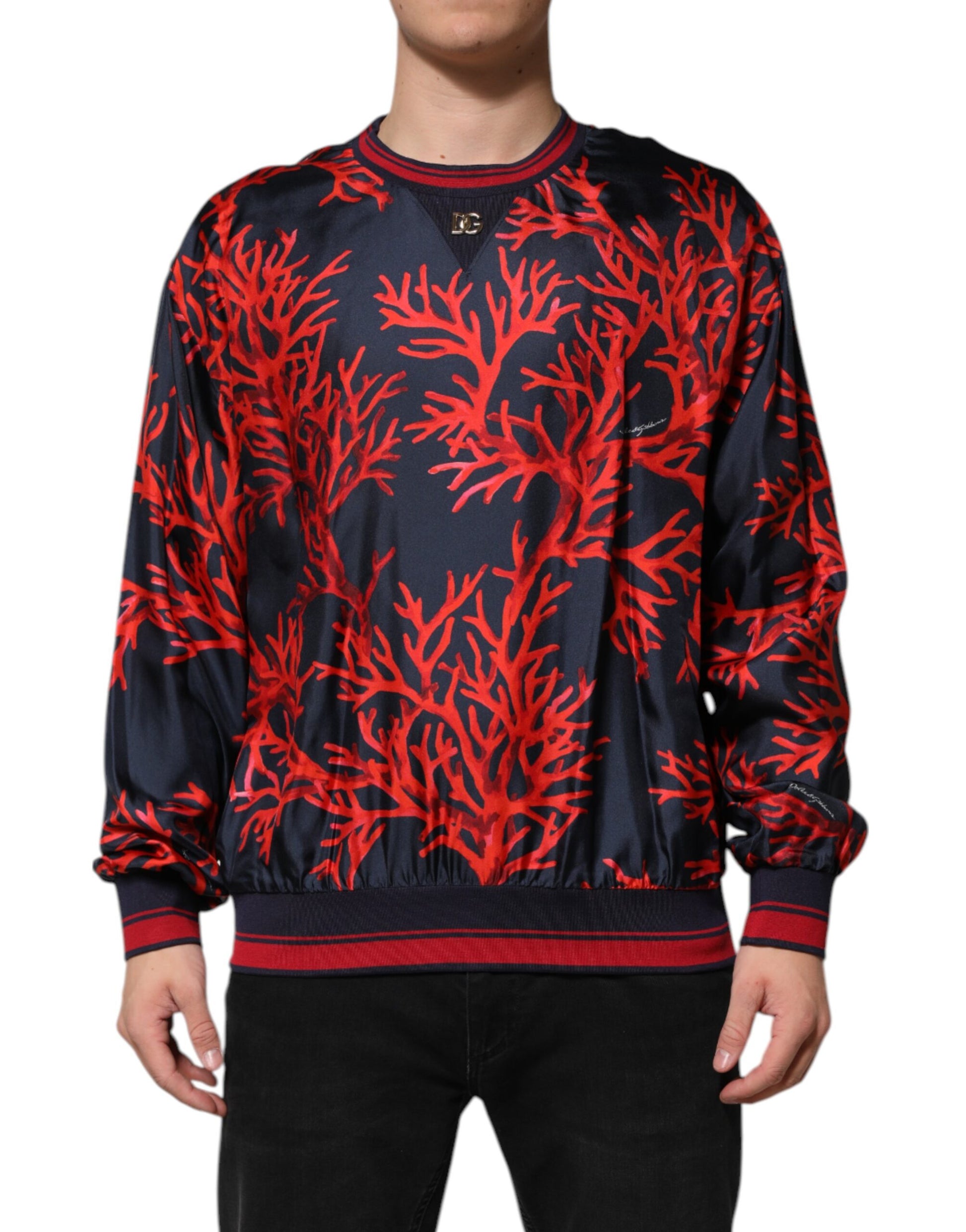 Navy Red Silk Coral Print Pullover Sweater