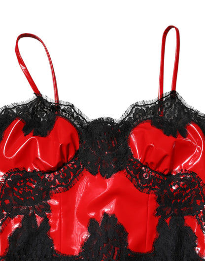 Red Black Lace Trim Polyester Sleeveless Tank Top