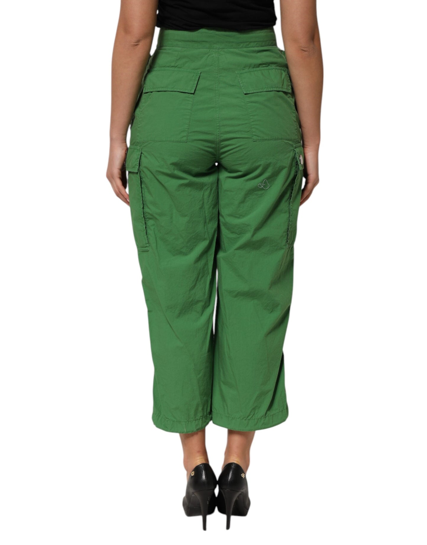 Green Cotton High Waist Cargo Trouser Pants