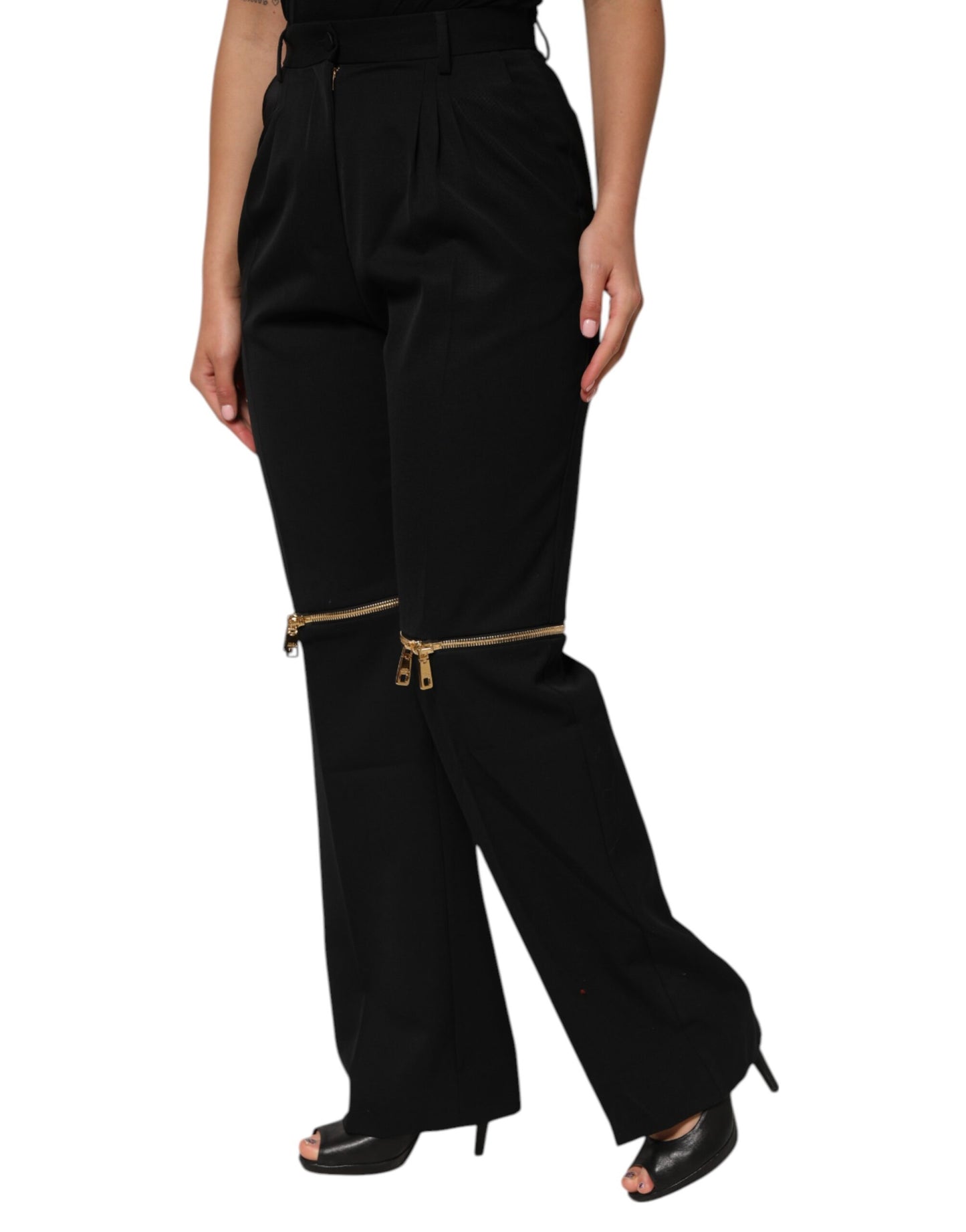 Black Zip Detailed Wool Straight Leg Pants