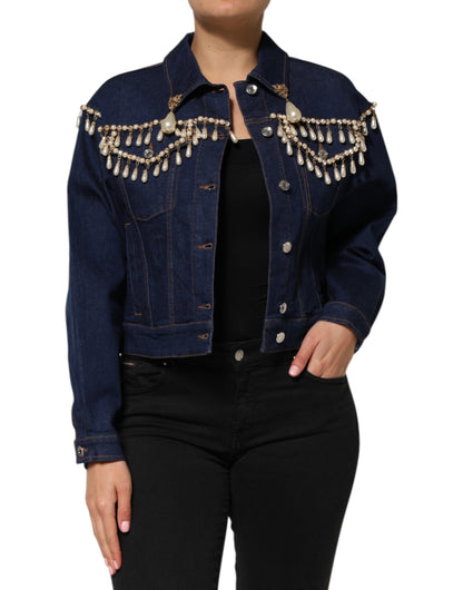 Blue Cotton Denim Crystal Embellished Jacket