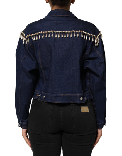 Blue Cotton Denim Crystal Embellished Jacket