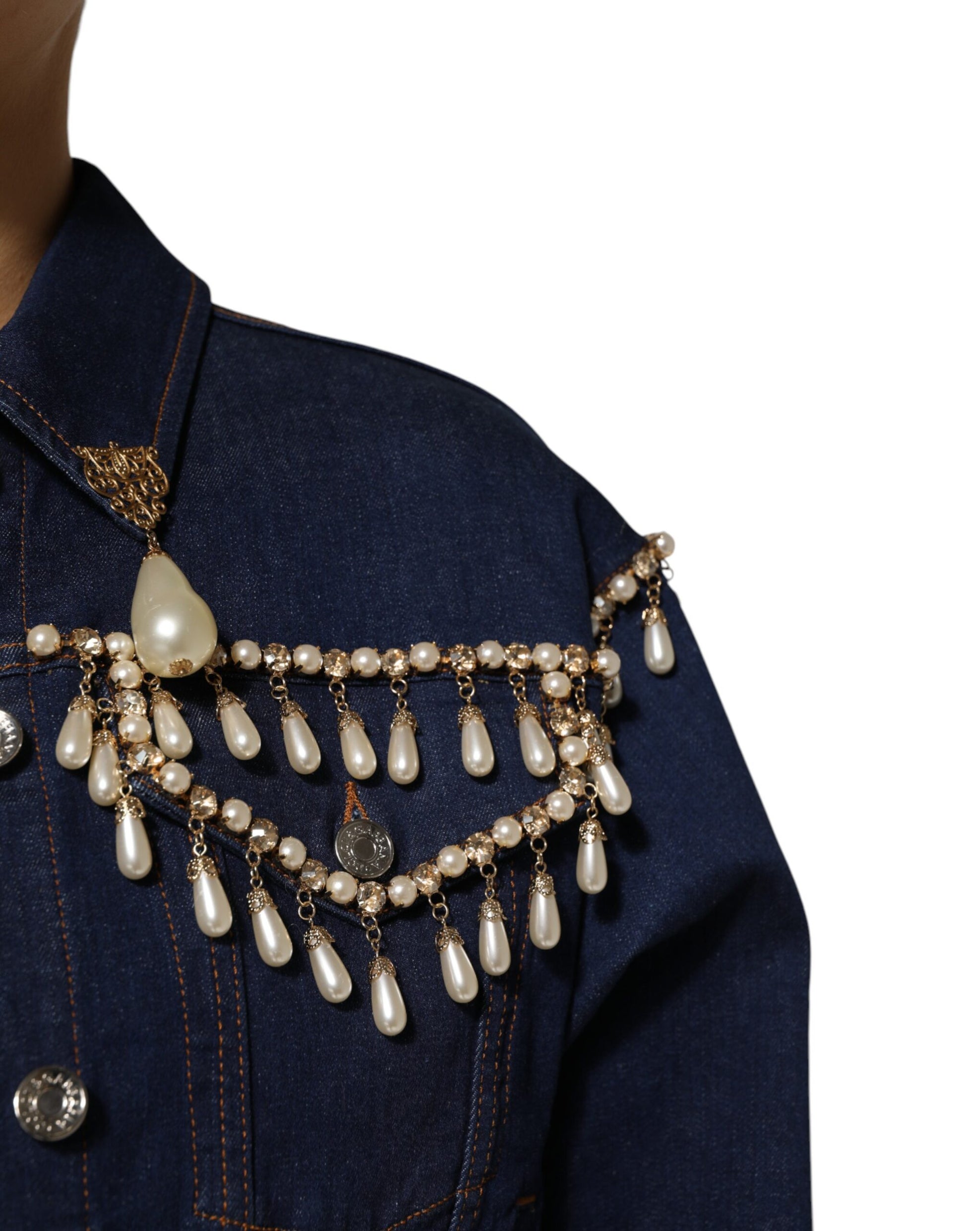 Blue Cotton Denim Crystal Embellished Jacket